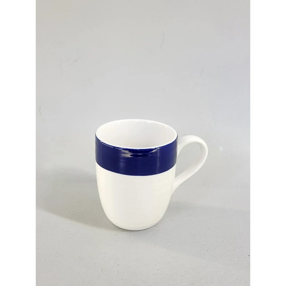 Pottery Barn Coffee Mug White Navy Blue Ribbed Stoneware Classic